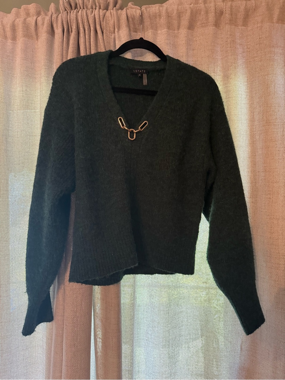 1. State Forest Green V-Neck Sweater with Gold Chain Accent